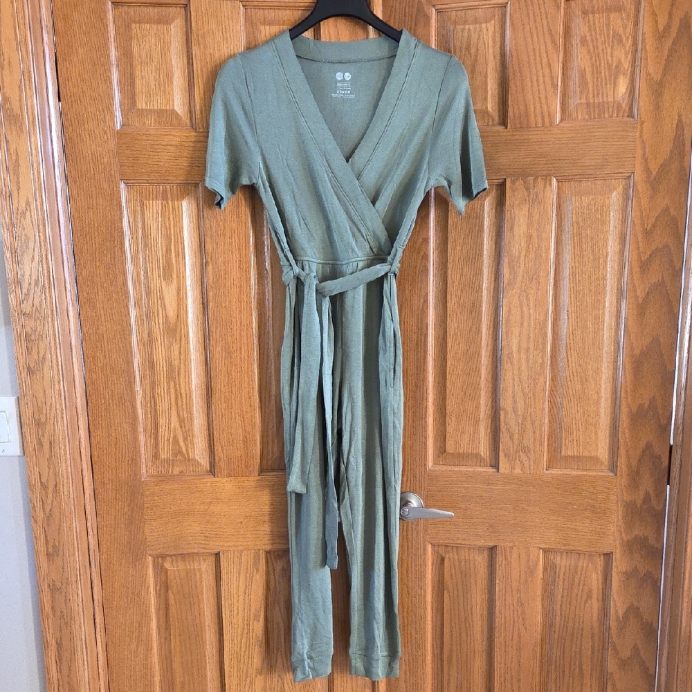 Kindred Bravely Olive Green Wrap Jumpsuit with Tie Waist Size Small
